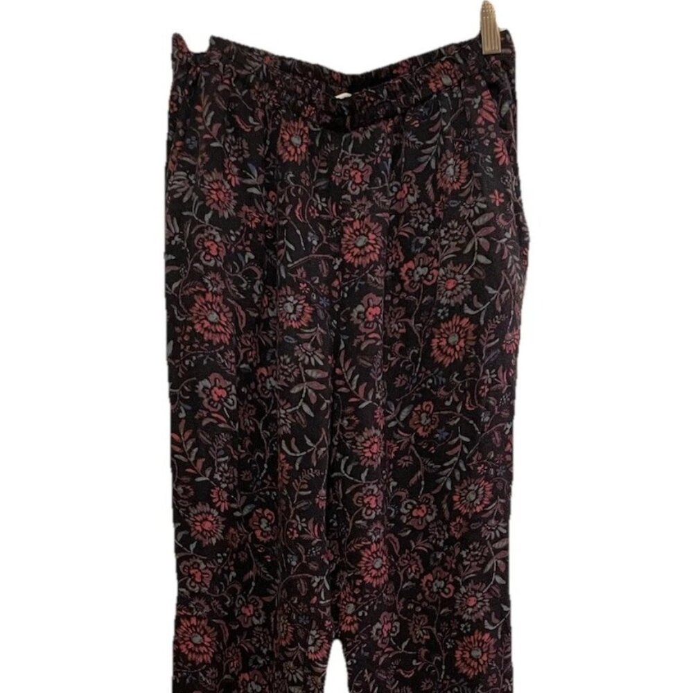HINGE Black with Coral Floral Print Elastic Waist Pockets Pants Sz XS